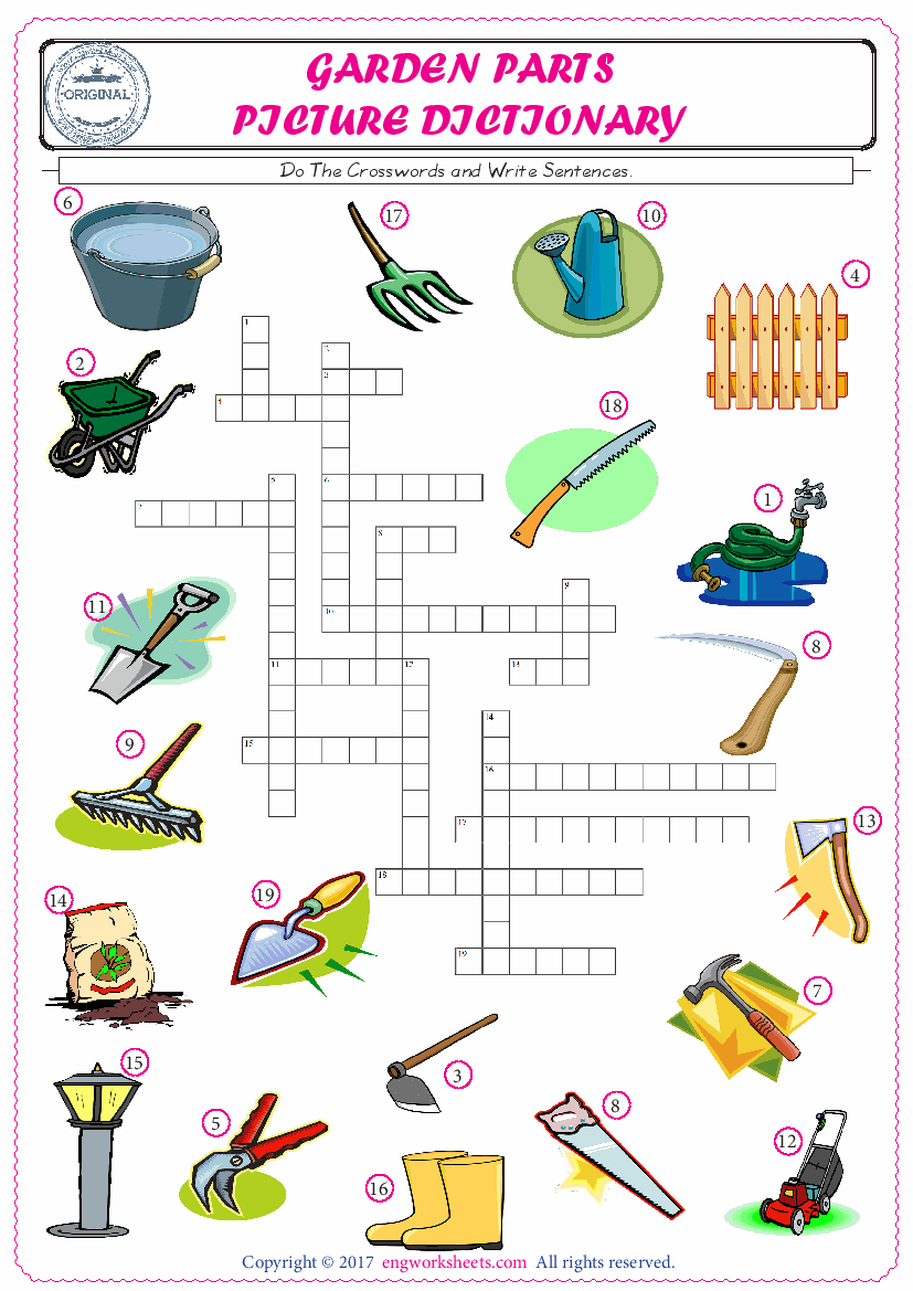  ESL printable worksheet for kids, supply the missing words of the crossword by using the Garden Parts picture. 